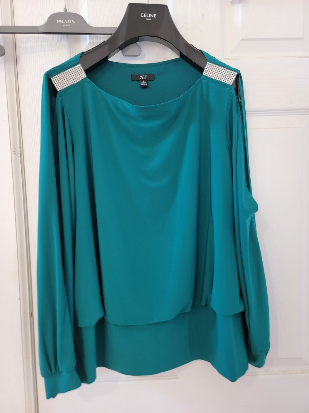 J.B.S. Teal Cold-Shoulder Blouse with Embellished Shoulders